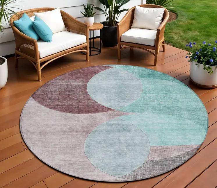 8' Teal Blue Brown And Beige Round Geometric Washable Indoor Outdoor Area Rug