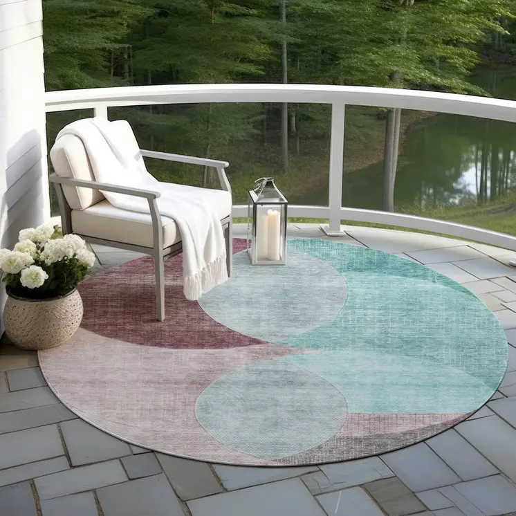 8' Teal Blue Brown And Beige Round Geometric Washable Indoor Outdoor Area Rug