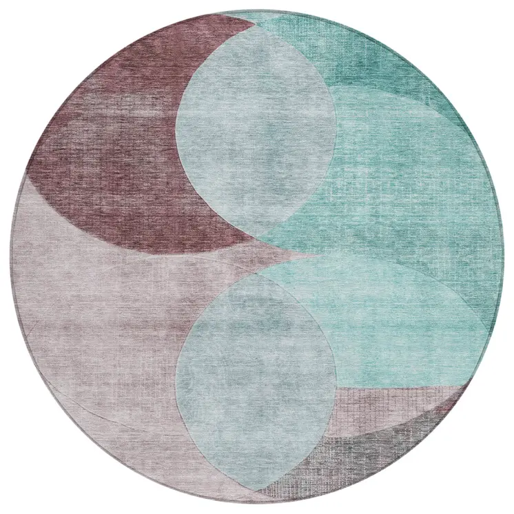 8' Teal Blue Brown And Beige Round Geometric Washable Indoor Outdoor Area Rug