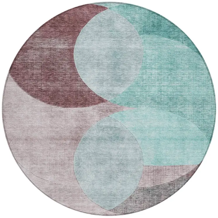 8' Teal Blue Brown And Beige Round Geometric Washable Indoor Outdoor Area Rug