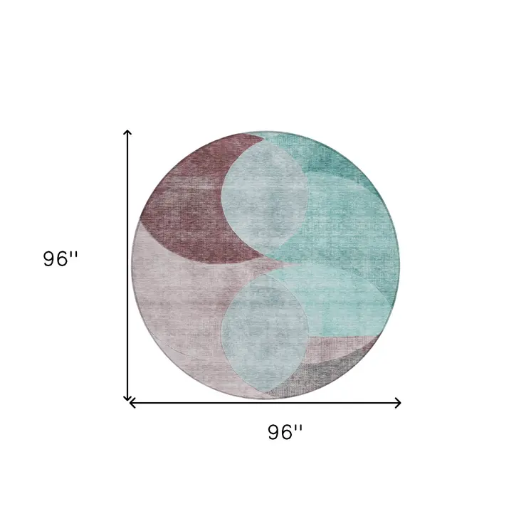 8' Teal Blue Brown And Beige Round Geometric Washable Indoor Outdoor Area Rug
