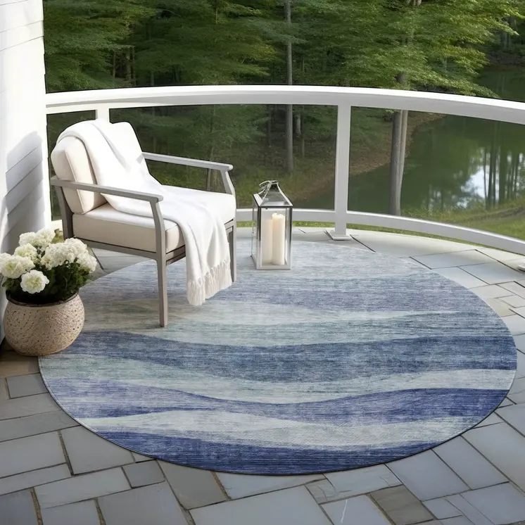 8' Light Blue And Dark Blue Round Abstract Washable Indoor Outdoor Area Rug