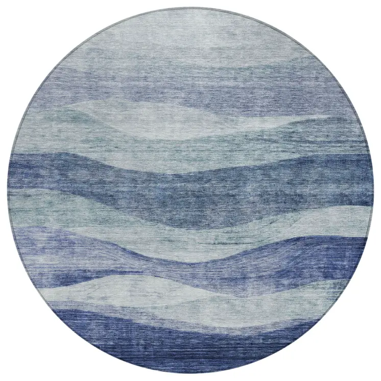 8' Light Blue And Dark Blue Round Abstract Washable Indoor Outdoor Area Rug
