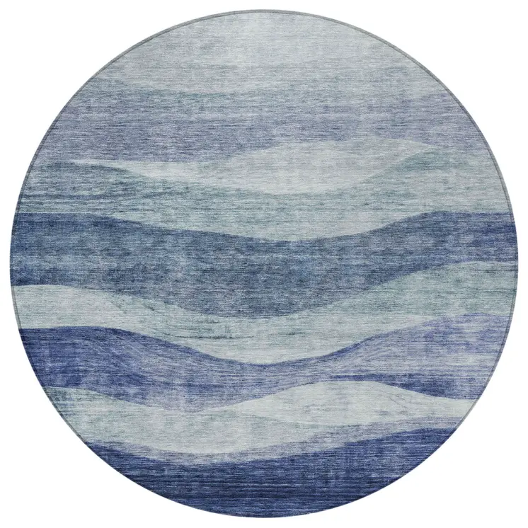8' Light Blue And Dark Blue Round Abstract Washable Indoor Outdoor Area Rug