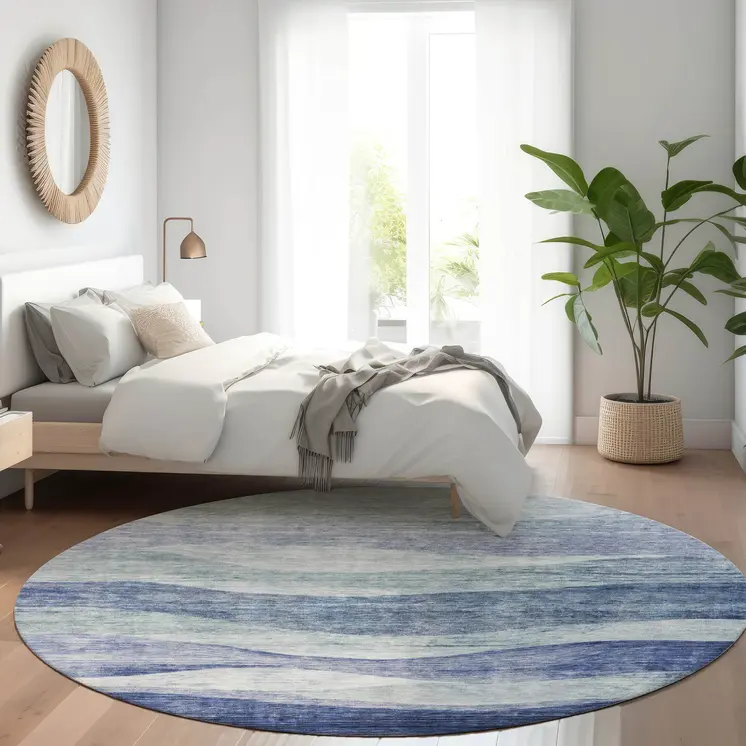 8' Light Blue And Dark Blue Round Abstract Washable Indoor Outdoor Area Rug