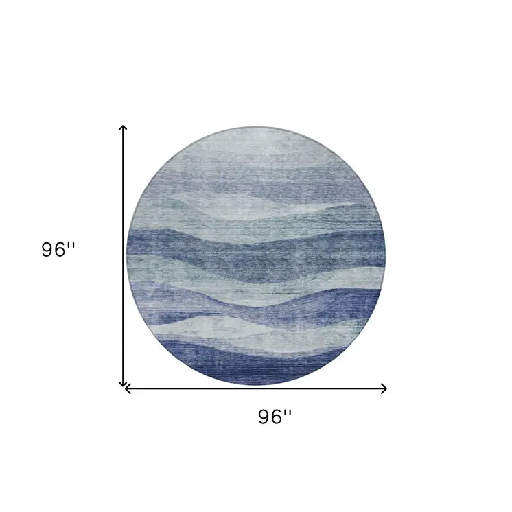 8' Light Blue And Dark Blue Round Abstract Washable Indoor Outdoor Area Rug