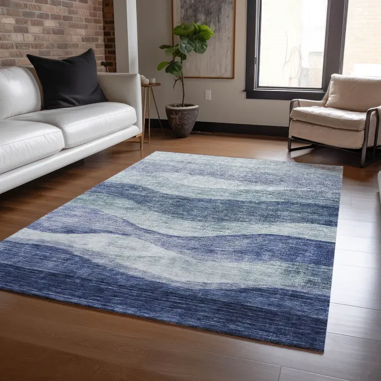 9' X 12' Light Blue And Dark Blue Abstract Washable Indoor Outdoor Area Rug