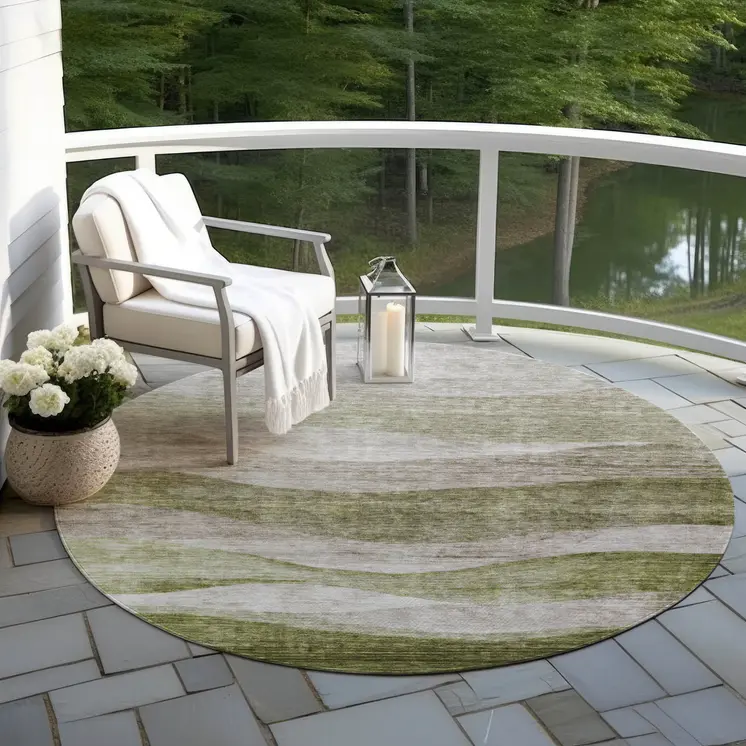 8' Green And Beige Round Abstract Washable Indoor Outdoor Area Rug
