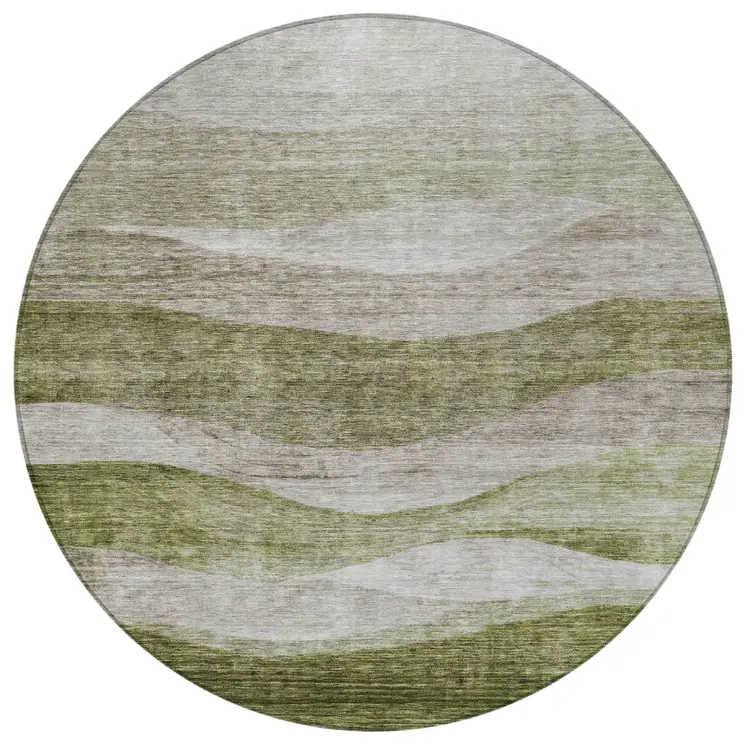 8' Green And Beige Round Abstract Washable Indoor Outdoor Area Rug