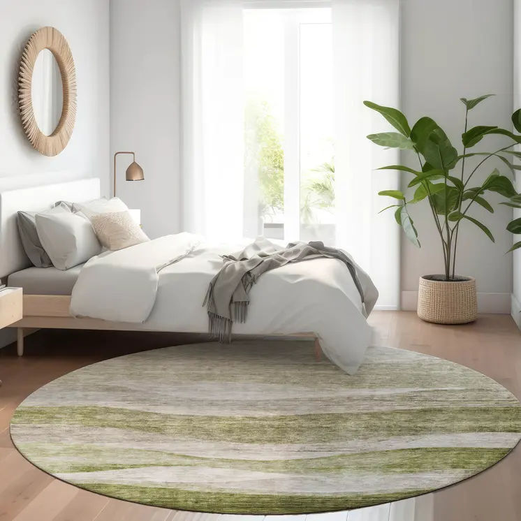 8' Green And Beige Round Abstract Washable Indoor Outdoor Area Rug