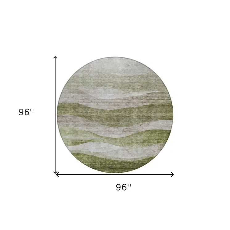 8' Green And Beige Round Abstract Washable Indoor Outdoor Area Rug