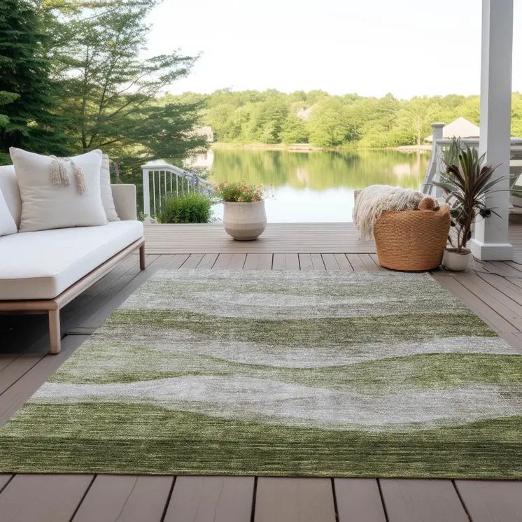 10' X 14' Green And Beige Abstract Washable Indoor Outdoor Area Rug