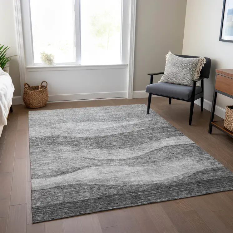 3' X 5' Gray And Charcoal Abstract Washable Indoor Outdoor Area Rug
