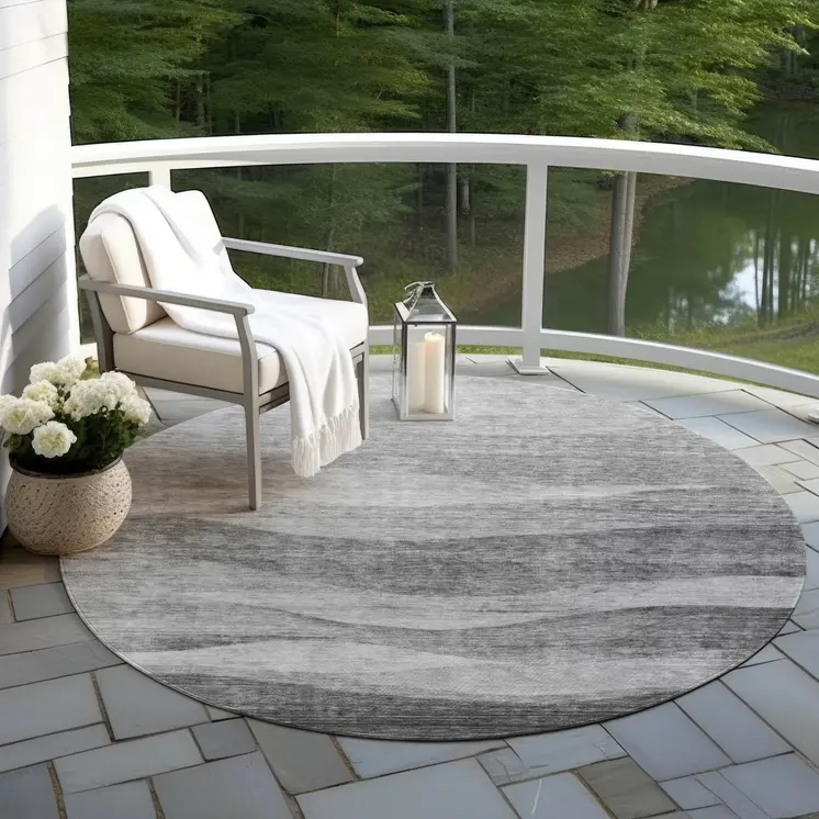8' Gray And Charcoal Round Abstract Washable Indoor Outdoor Area Rug