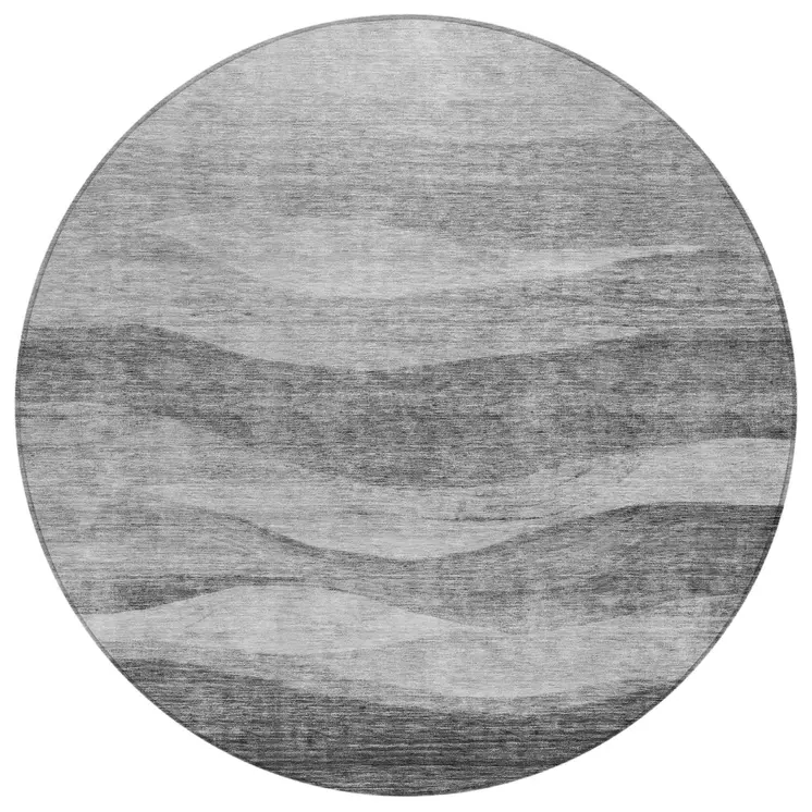 8' Gray And Charcoal Round Abstract Washable Indoor Outdoor Area Rug