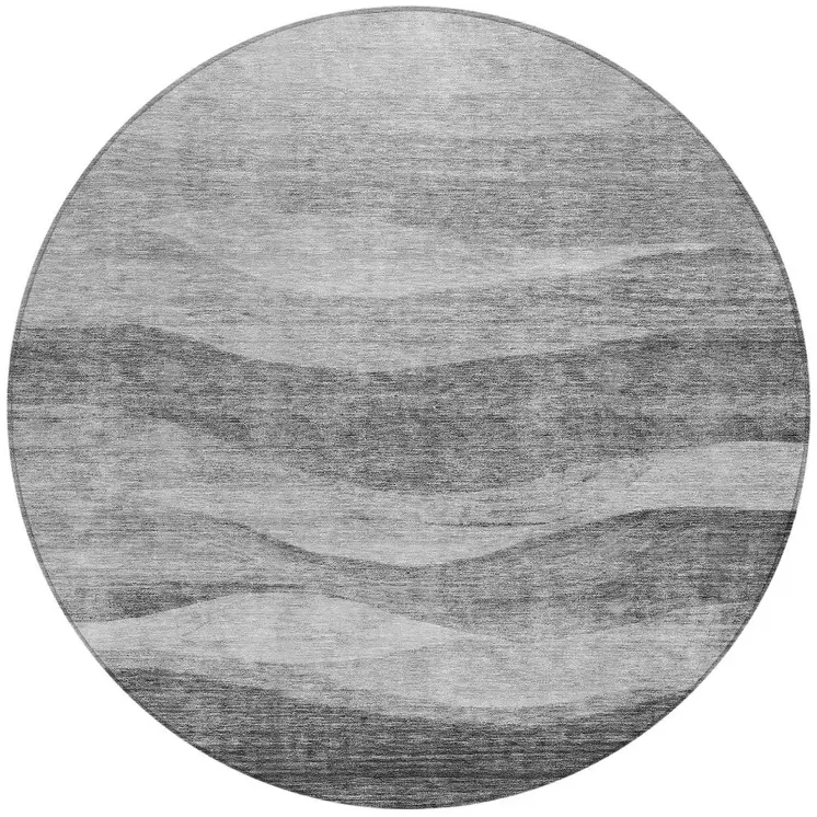 8' Gray And Charcoal Round Abstract Washable Indoor Outdoor Area Rug
