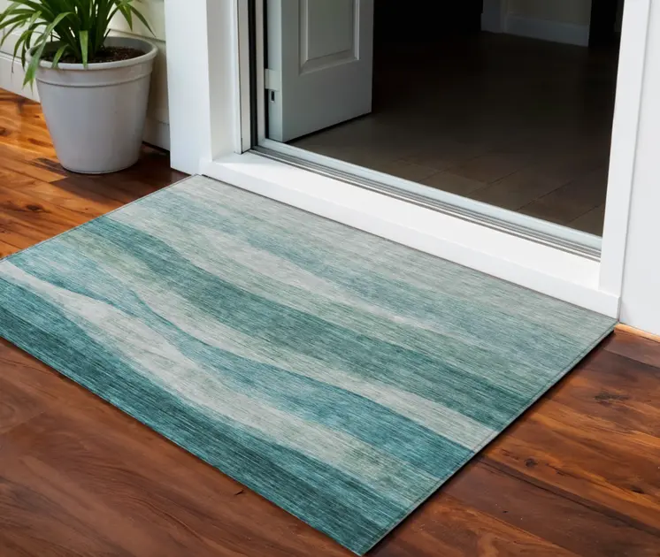 3' X 5' Teal Blue And Aqua Abstract Washable Indoor Outdoor Area Rug