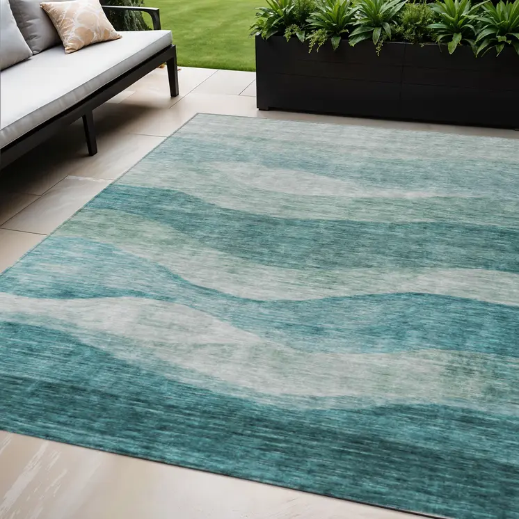 5' X 8' Teal Blue And Aqua Abstract Washable Indoor Outdoor Area Rug