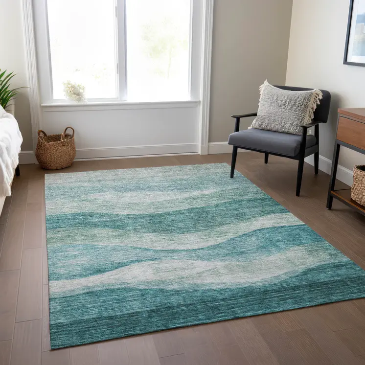 5' X 8' Teal Blue And Aqua Abstract Washable Indoor Outdoor Area Rug
