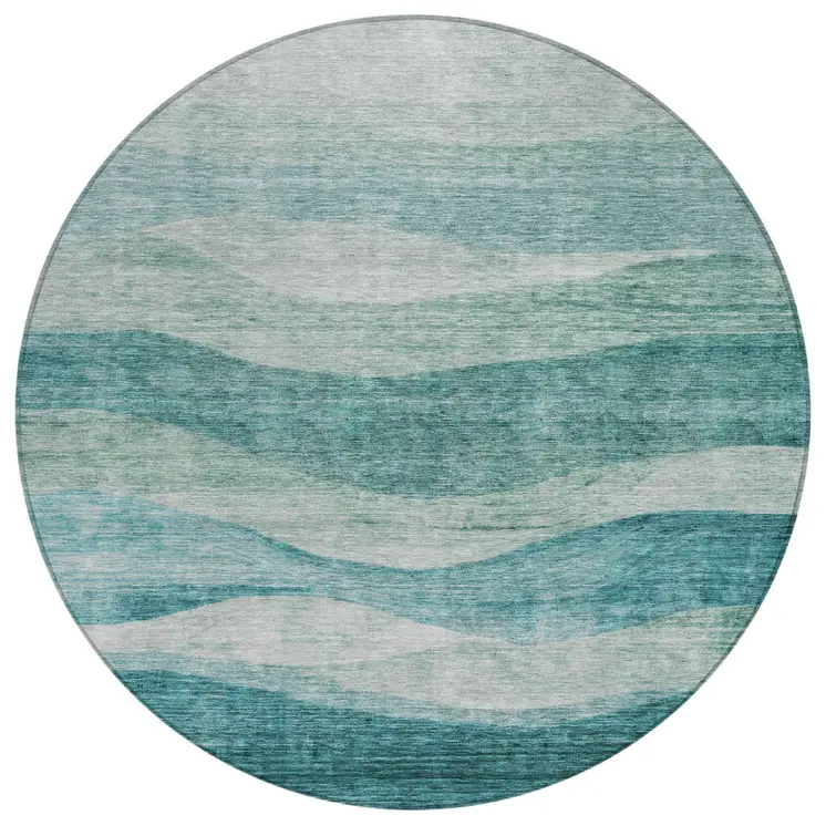 8' Teal Blue And Aqua Round Abstract Washable Indoor Outdoor Area Rug
