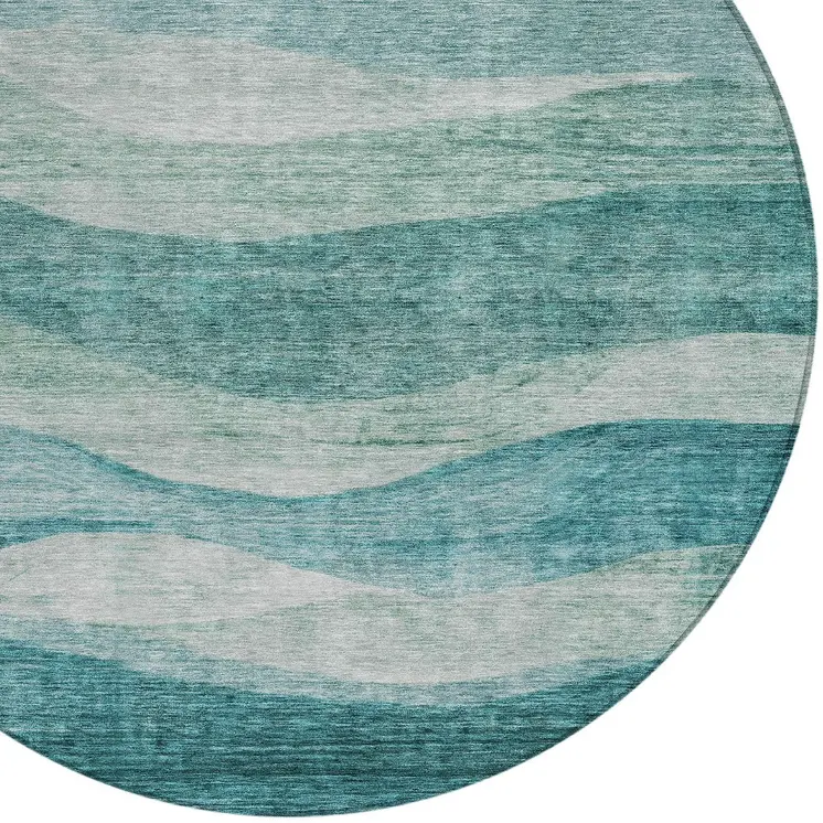 8' Teal Blue And Aqua Round Abstract Washable Indoor Outdoor Area Rug