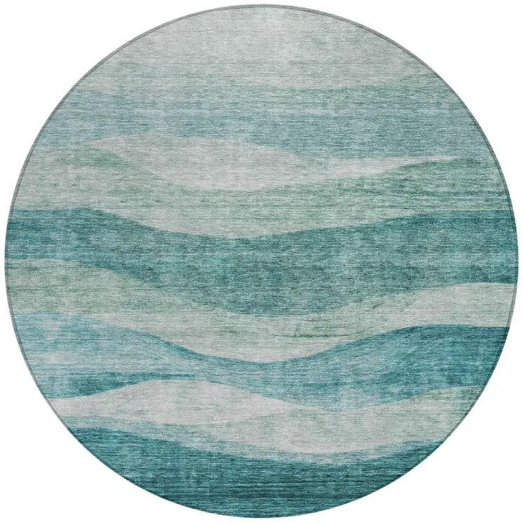 8' Teal Blue And Aqua Round Abstract Washable Indoor Outdoor Area Rug