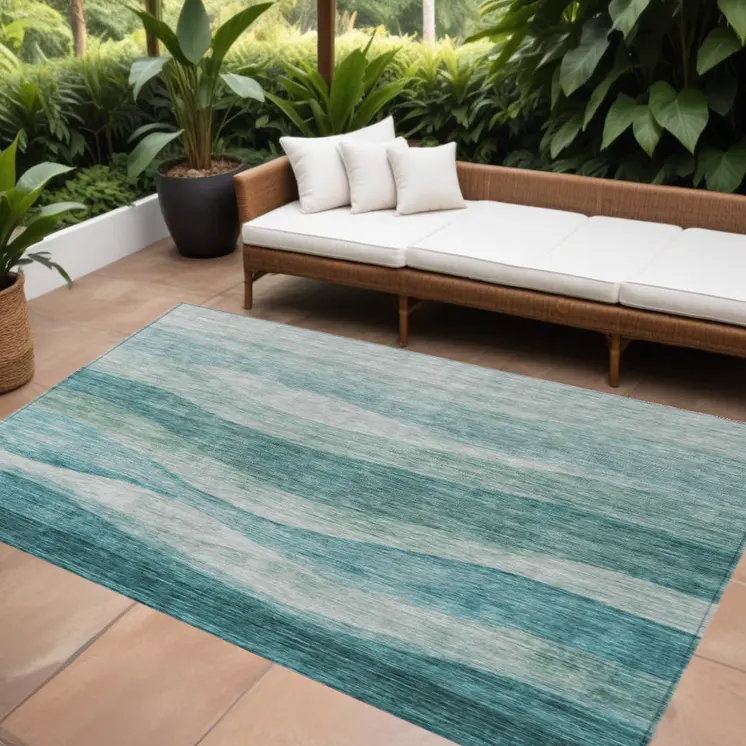 9' X 12' Teal Blue And Aqua Abstract Washable Indoor Outdoor Area Rug
