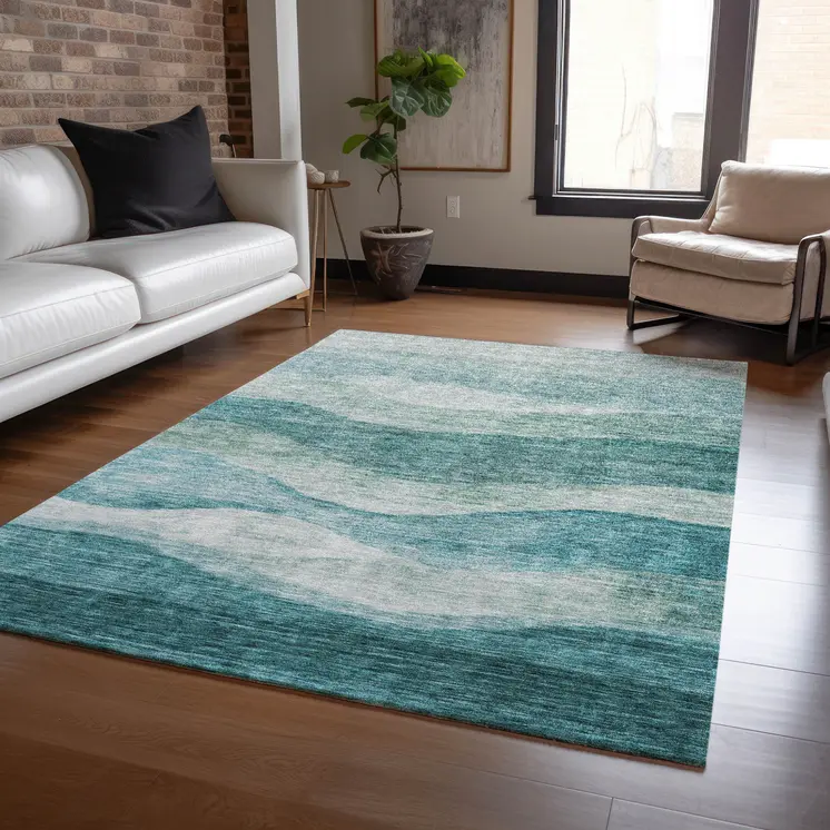 9' X 12' Teal Blue And Aqua Abstract Washable Indoor Outdoor Area Rug