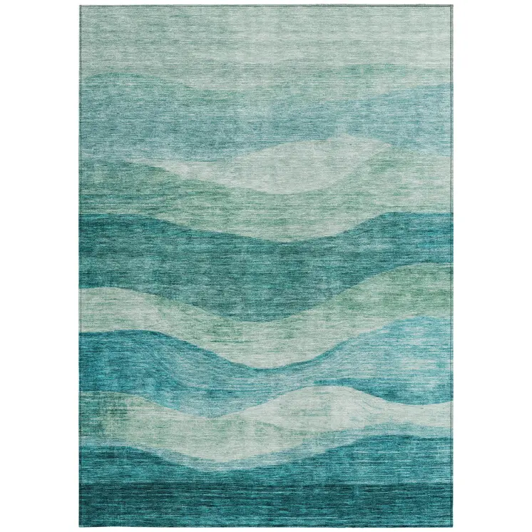 5' X 8' Teal Blue And Aqua Abstract Washable Indoor Outdoor Area Rug