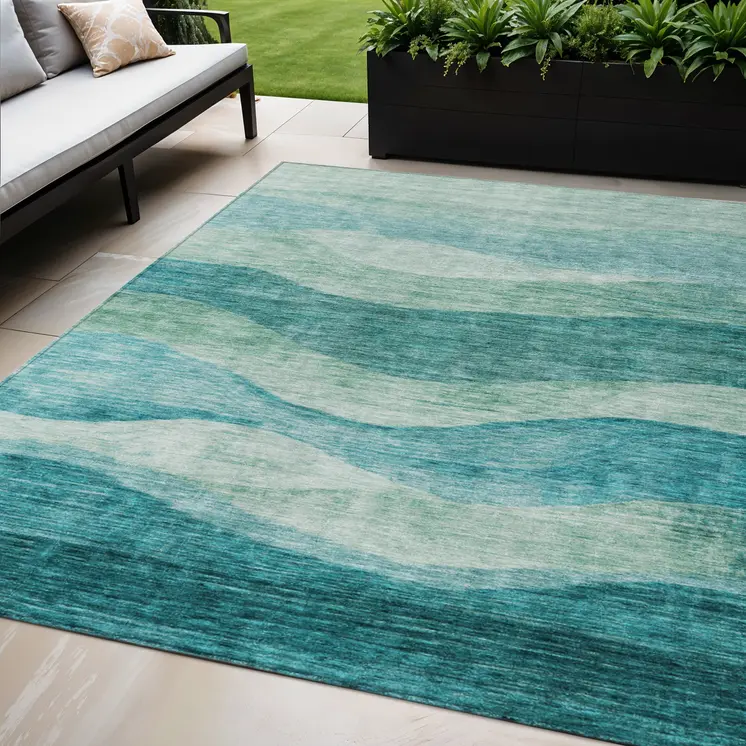 5' X 8' Teal Blue And Aqua Abstract Washable Indoor Outdoor Area Rug