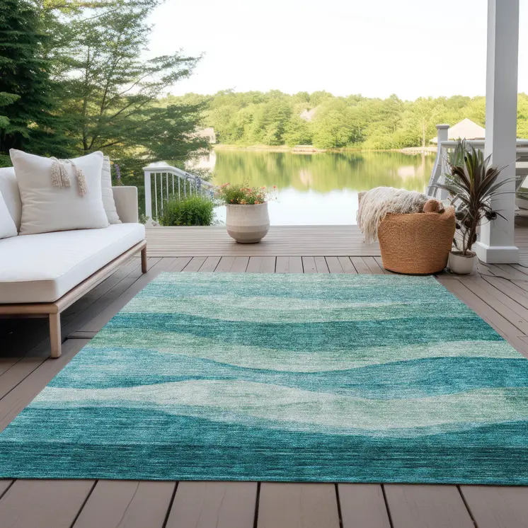 5' X 8' Teal Blue And Aqua Abstract Washable Indoor Outdoor Area Rug