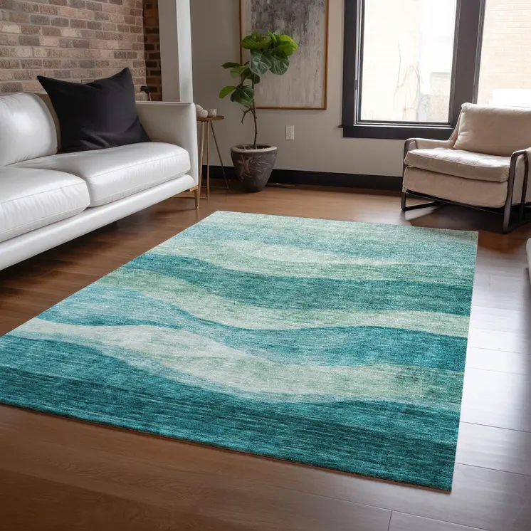 5' X 8' Teal Blue And Aqua Abstract Washable Indoor Outdoor Area Rug