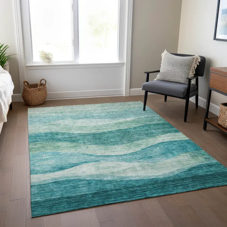 5' X 8' Teal Blue And Aqua Abstract Washable Indoor Outdoor Area Rug