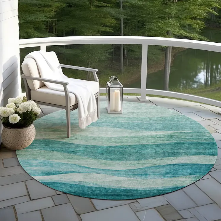 8' Teal Blue And Aqua Round Abstract Washable Indoor Outdoor Area Rug