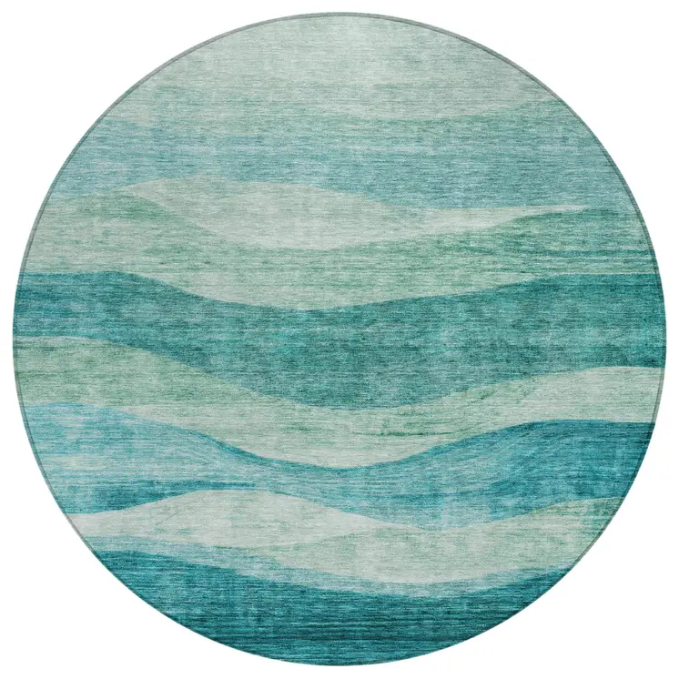 8' Teal Blue And Aqua Round Abstract Washable Indoor Outdoor Area Rug