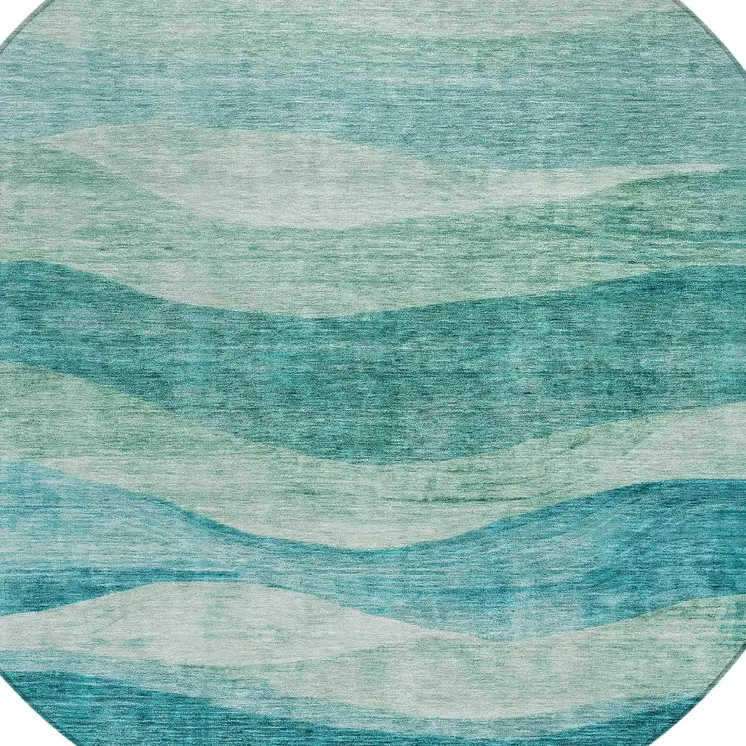 8' Teal Blue And Aqua Round Abstract Washable Indoor Outdoor Area Rug