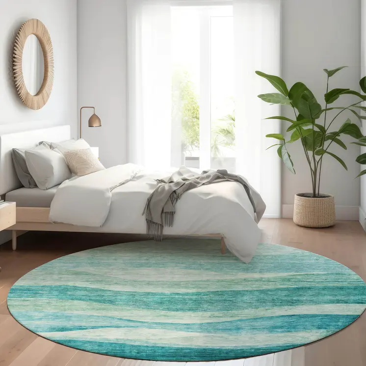 8' Teal Blue And Aqua Round Abstract Washable Indoor Outdoor Area Rug