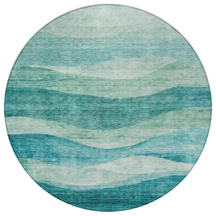 8' Teal Blue And Aqua Round Abstract Washable Indoor Outdoor Area Rug
