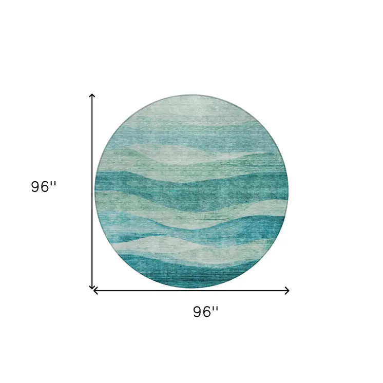 8' Teal Blue And Aqua Round Abstract Washable Indoor Outdoor Area Rug