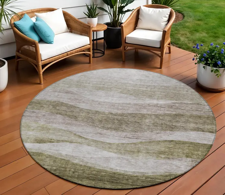 8' Taupe And Beige Round Abstract Washable Indoor Outdoor Area Rug