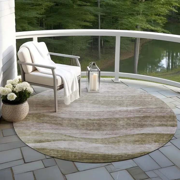 8' Taupe And Beige Round Abstract Washable Indoor Outdoor Area Rug