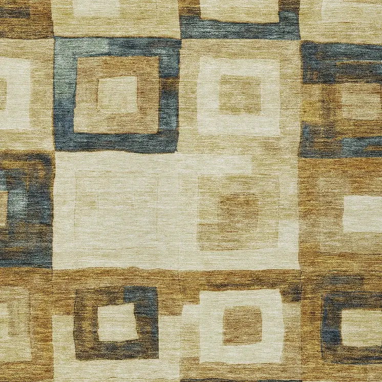 3' X 5' Beige Gold And Denim Blue Geometric Washable Indoor Outdoor Area Rug