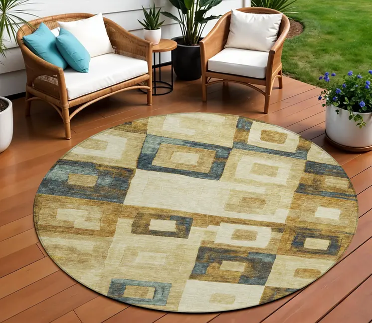 8' Beige Gold And Denim Blue Round Geometric Washable Indoor Outdoor Area Rug