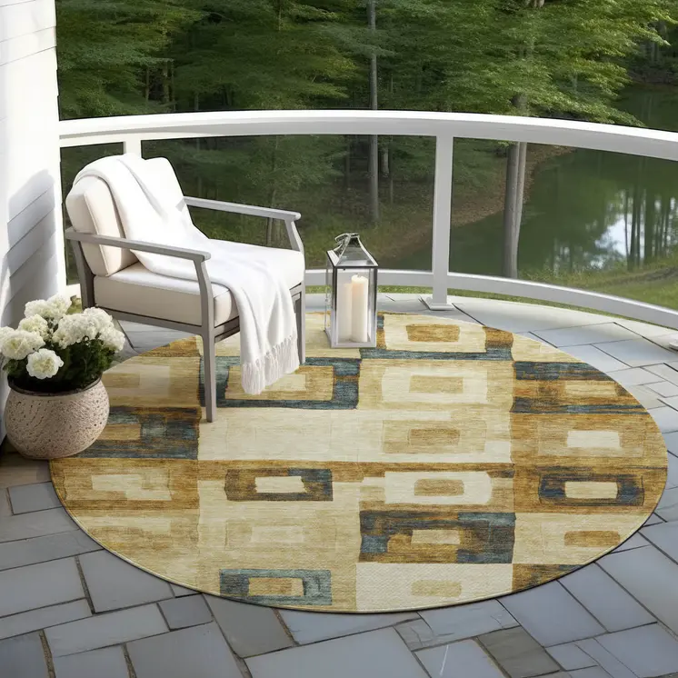 8' Beige Gold And Denim Blue Round Geometric Washable Indoor Outdoor Area Rug