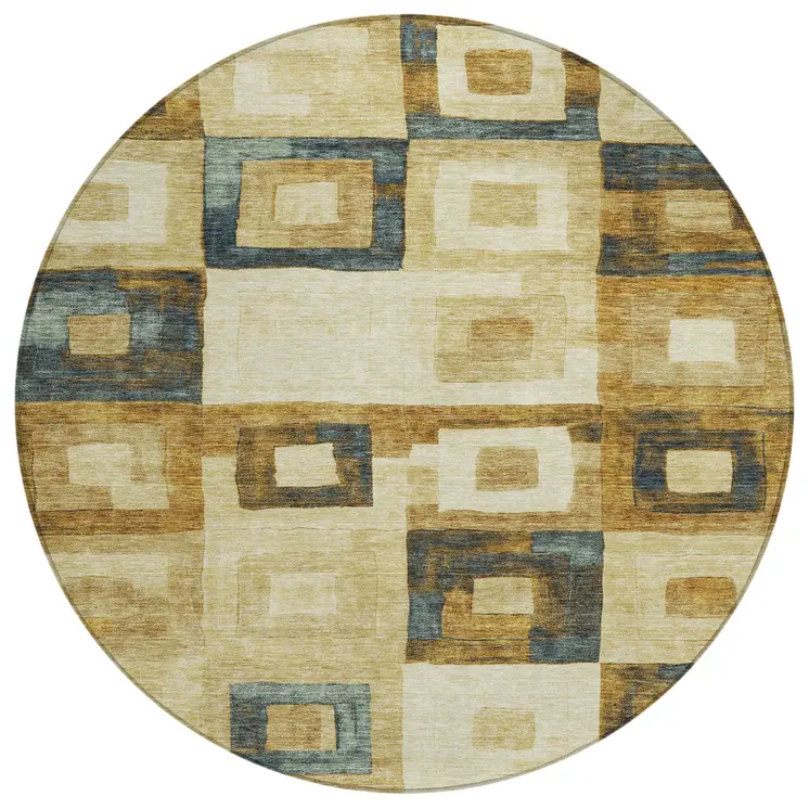 8' Beige Gold And Denim Blue Round Geometric Washable Indoor Outdoor Area Rug