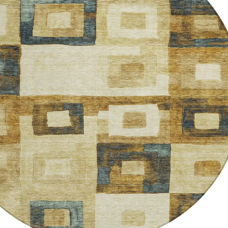 8' Beige Gold And Denim Blue Round Geometric Washable Indoor Outdoor Area Rug