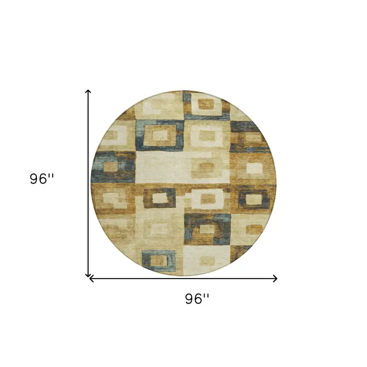 8' Beige Gold And Denim Blue Round Geometric Washable Indoor Outdoor Area Rug