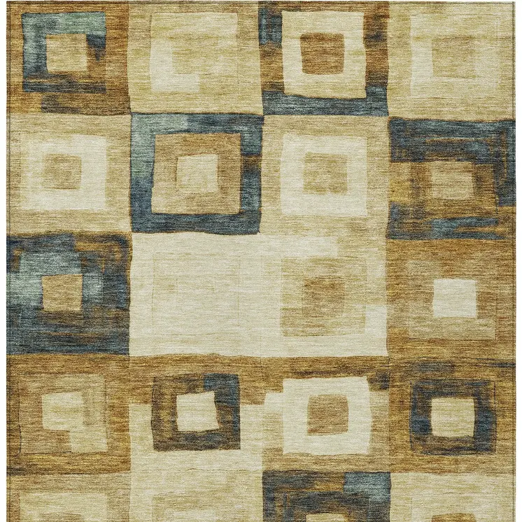 9' X 12' Beige Gold And Denim Blue Geometric Washable Indoor Outdoor Area Rug