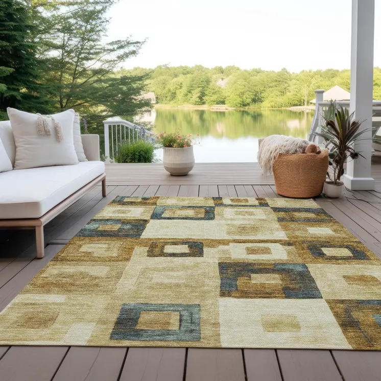 9' X 12' Beige Gold And Denim Blue Geometric Washable Indoor Outdoor Area Rug