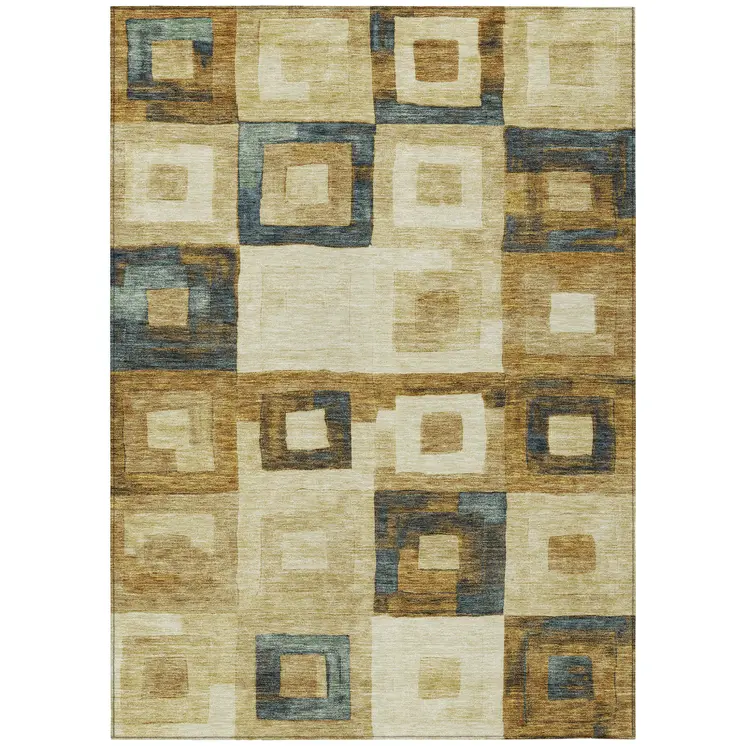 9' X 12' Beige Gold And Denim Blue Geometric Washable Indoor Outdoor Area Rug